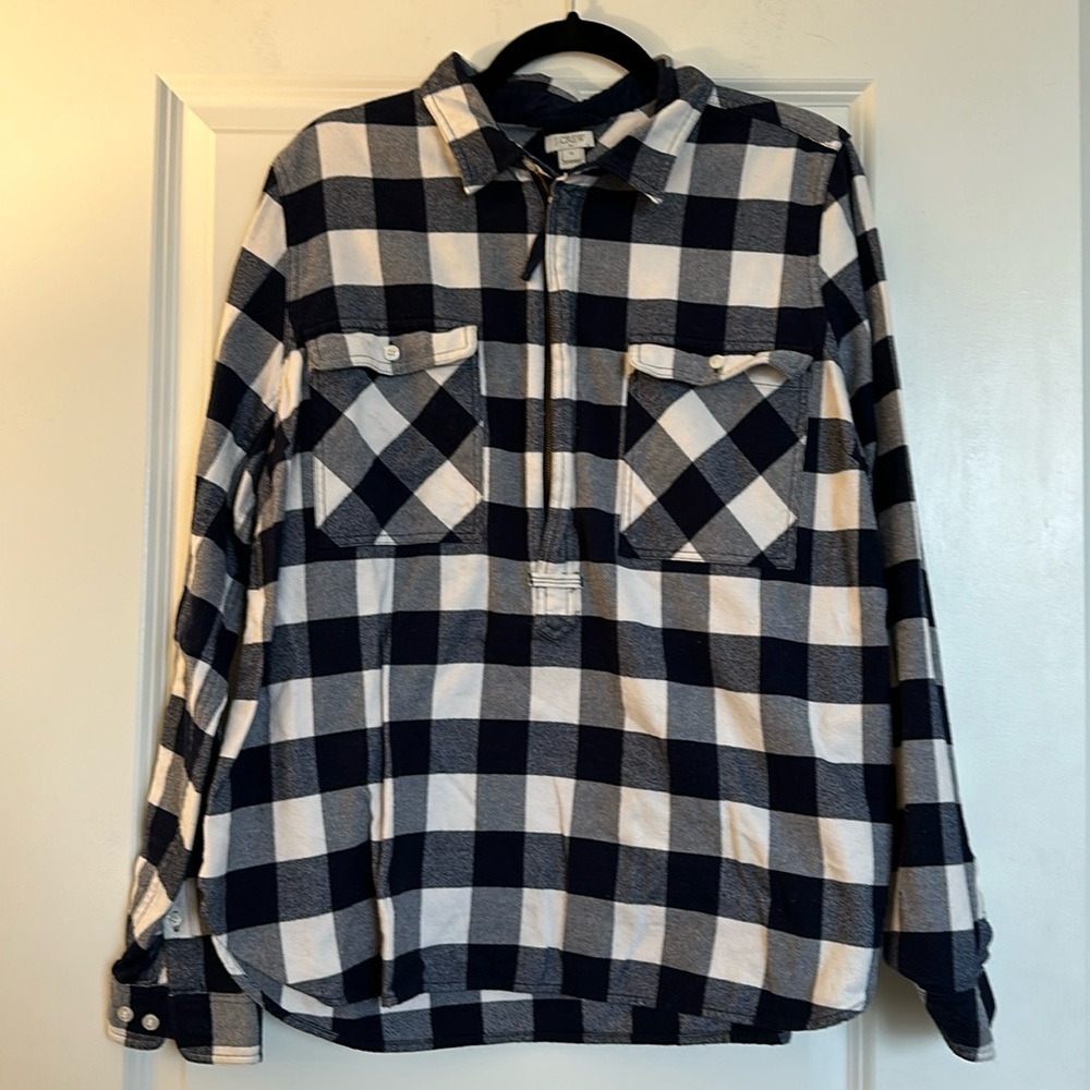 Blue plaid flannel with gold zipper detail